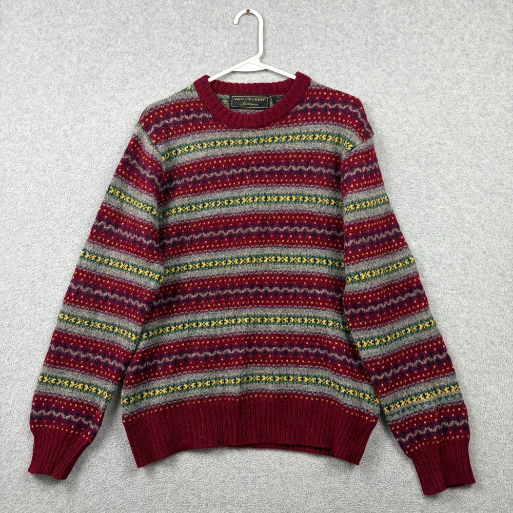 Vintage Shetland Wool Sweater Womens Large Red Fair Isle Cabin Ski 80s 90s